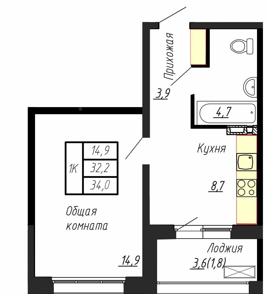 1 комн. квартира, 34 м², 10 этаж 