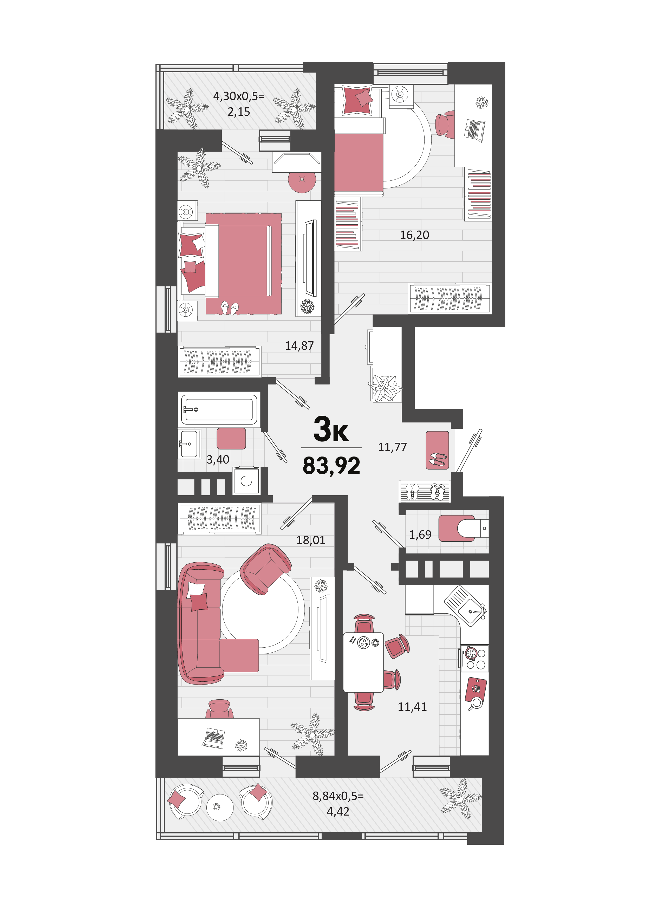 3 комн. квартира, 83.9 м², 2 этаж 