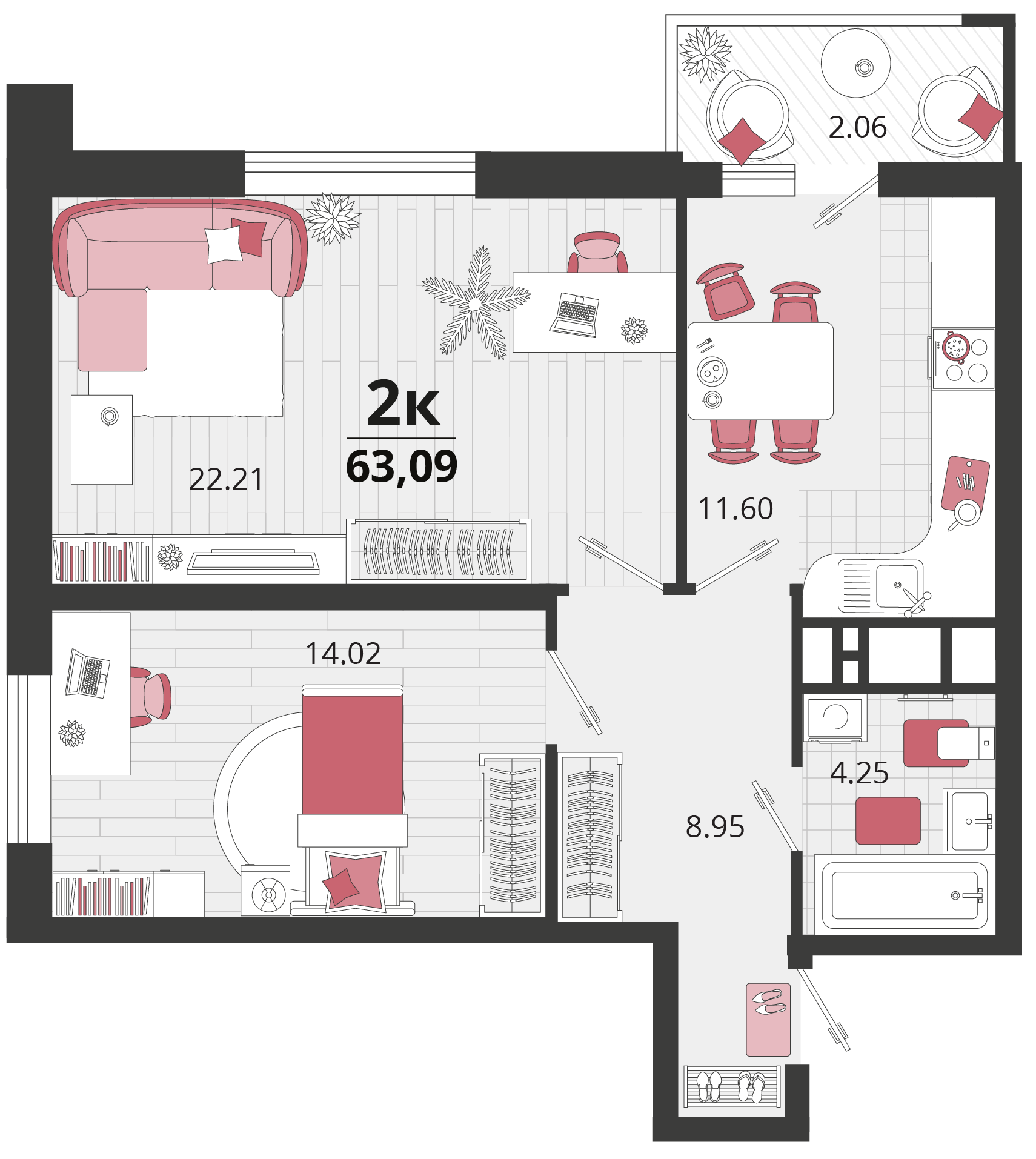 2 комн. квартира, 63.1 м², 15 этаж 
