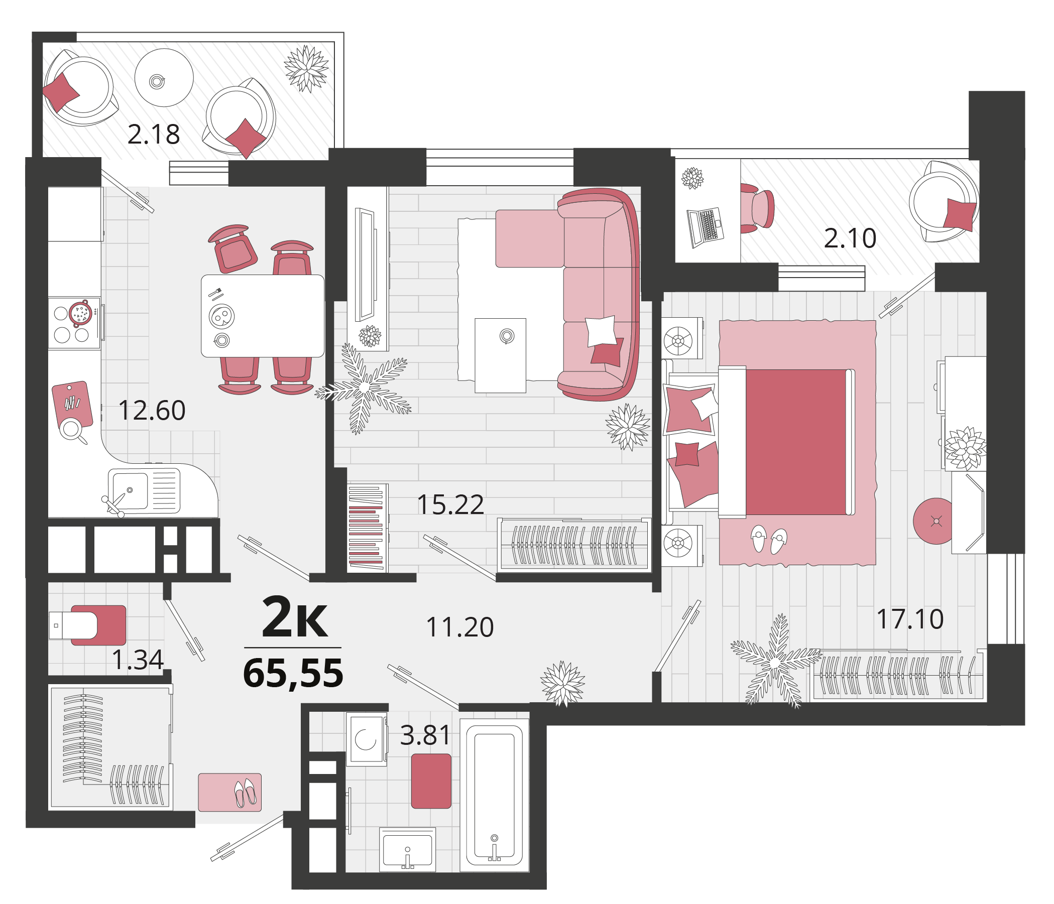 2 комн. квартира, 65.5 м², 15 этаж 