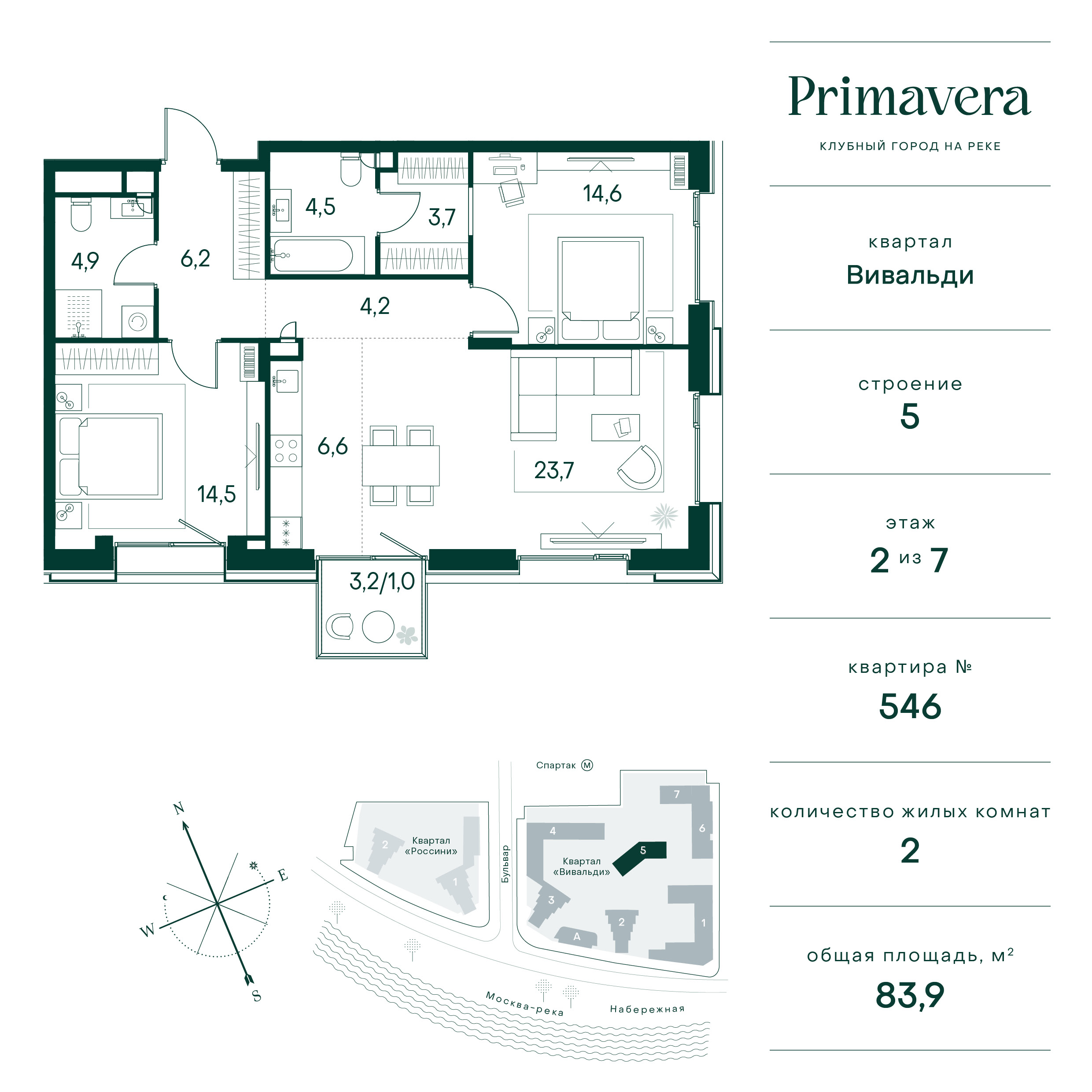 2 комн. квартира, 83.9 м², 2 этаж  (из 7)