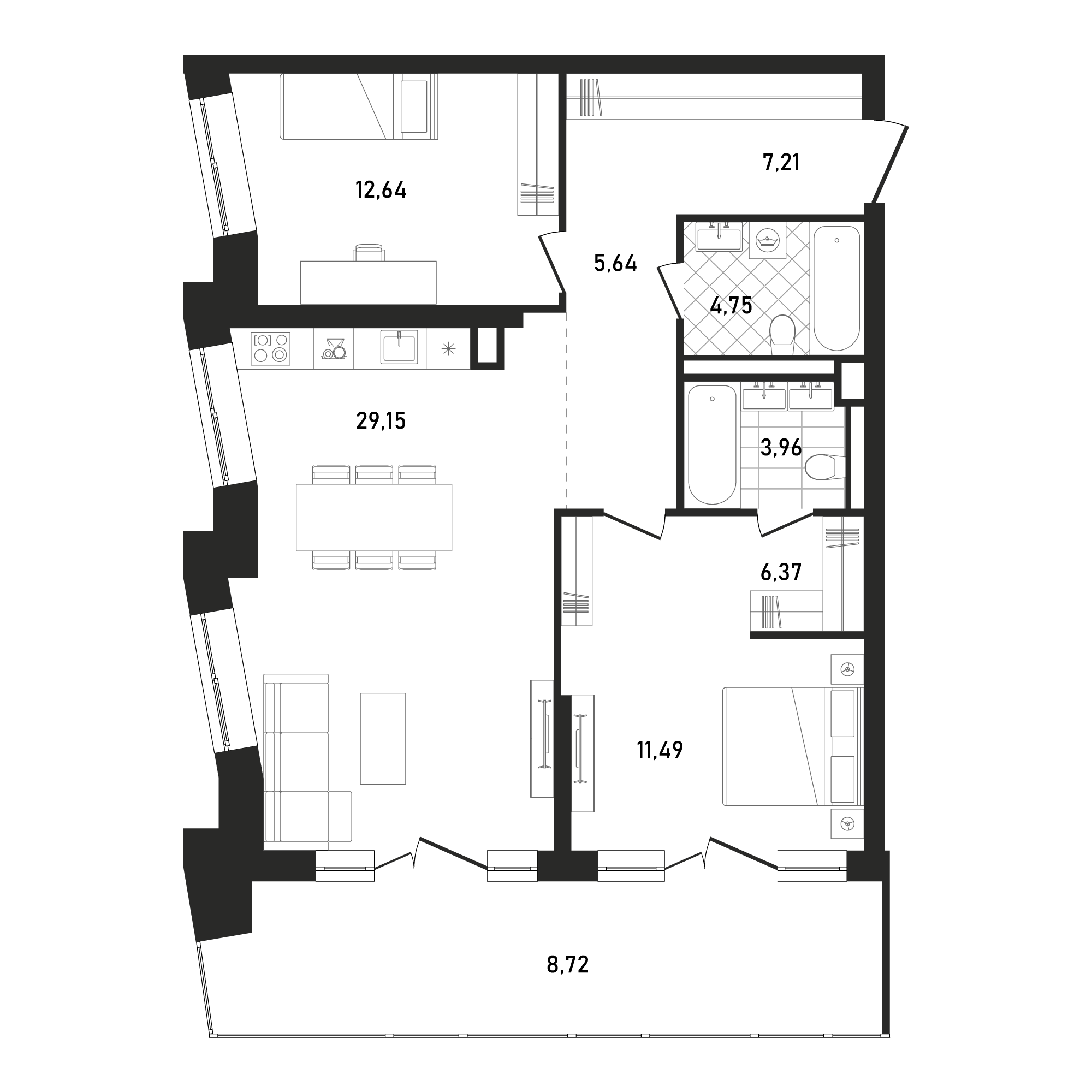 2 комн. квартира, 89.9 м², 15 этаж 