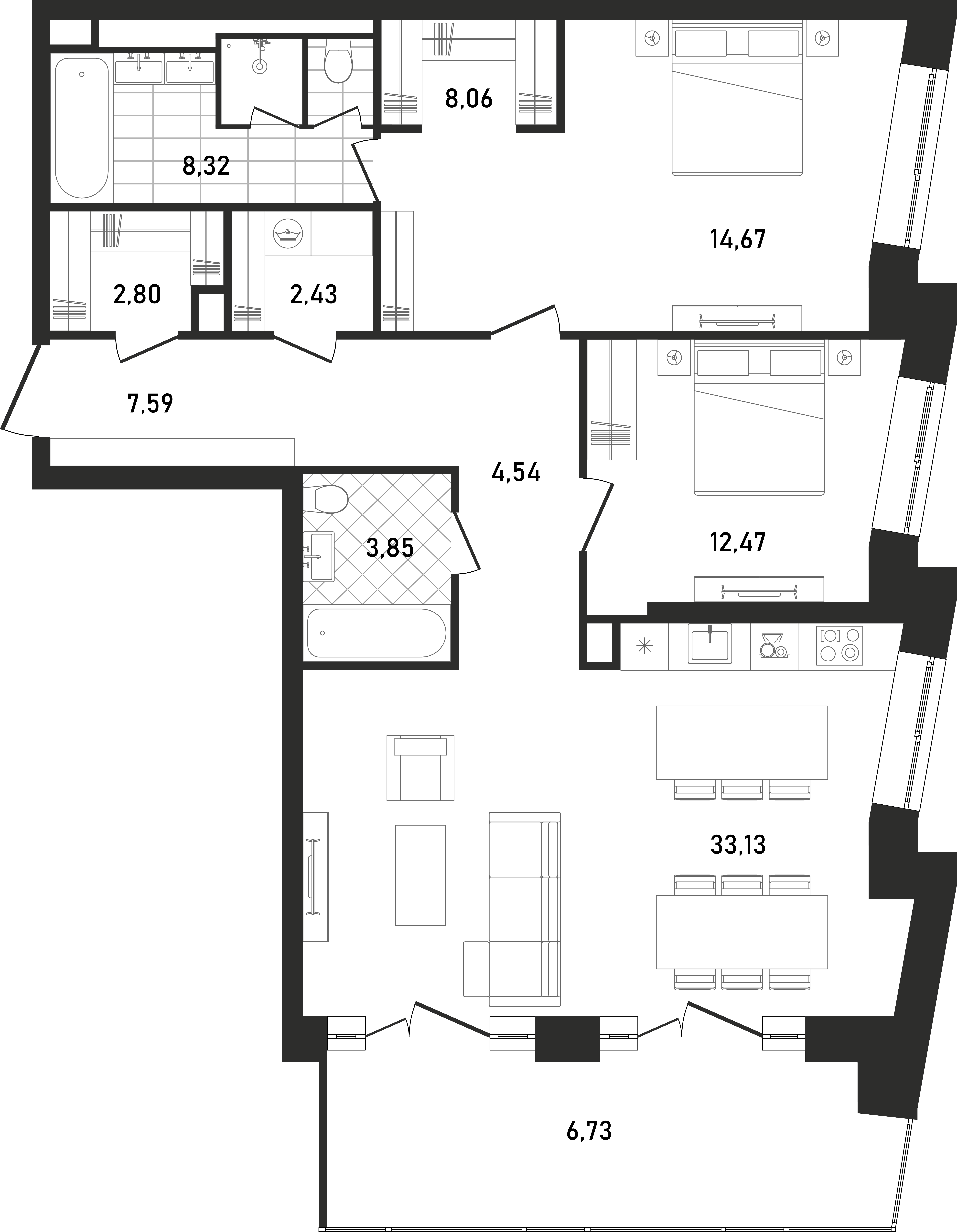 2 комн. квартира, 104.5 м², 29 этаж 