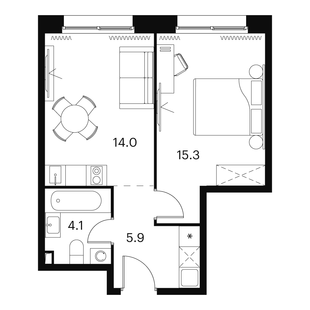 2 комн. квартира, 39.3 м², 4 этаж 