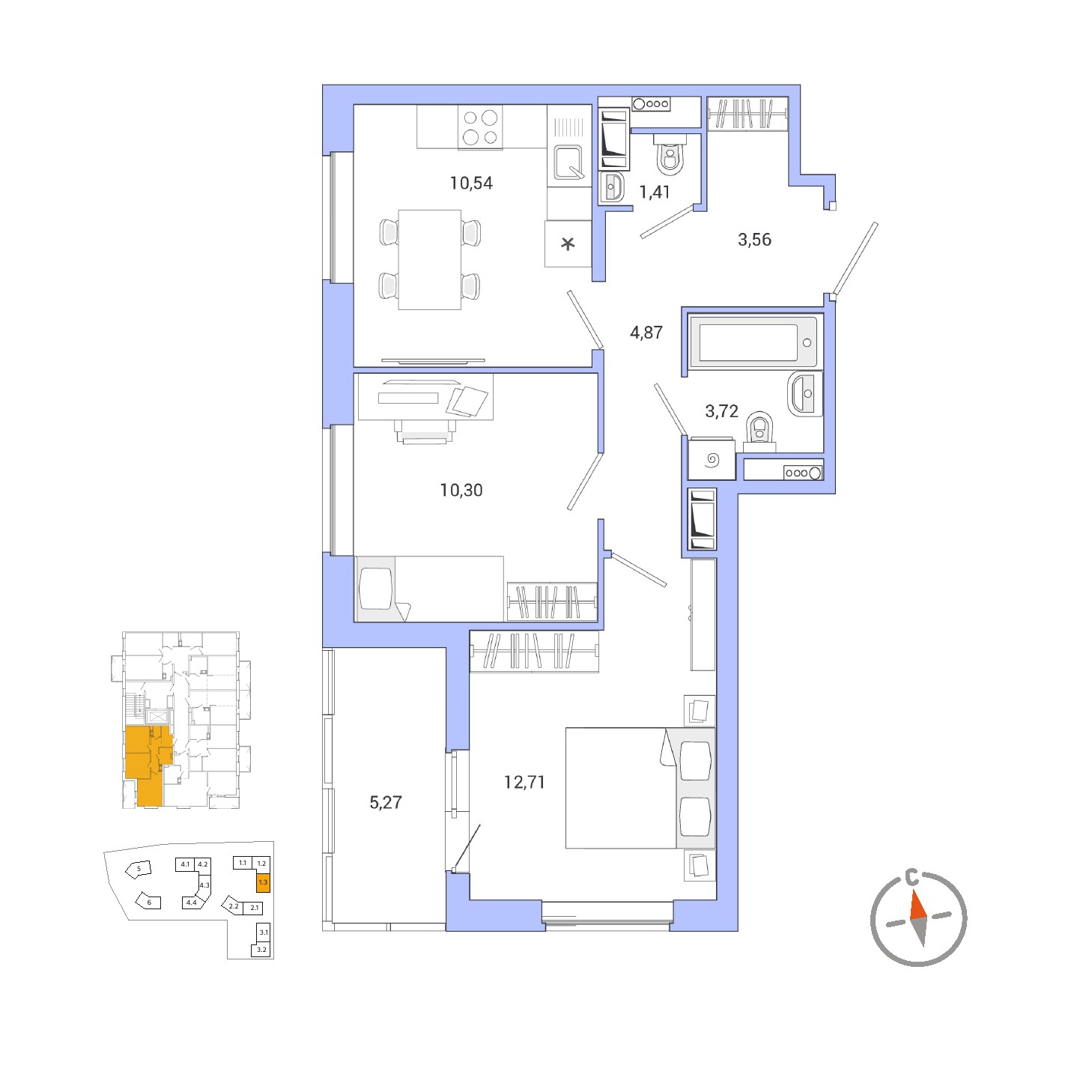 2 комн. квартира, 52.4 м², 9 этаж 
