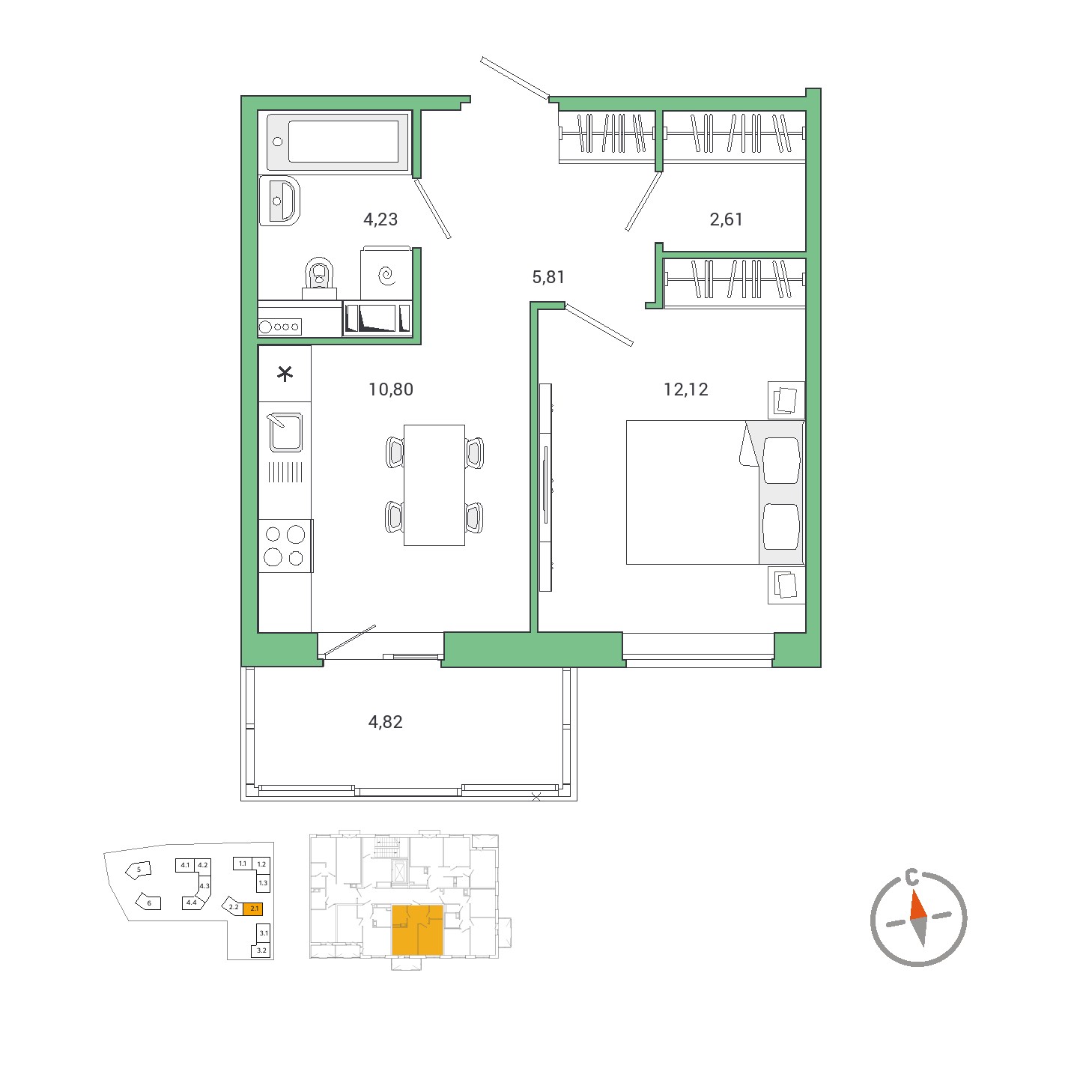 1 комн. квартира, 40.4 м², 6 этаж 