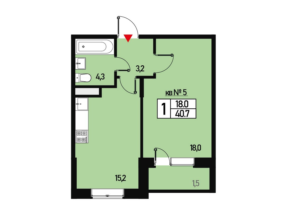 1 комн. квартира, 40 м², 1 этаж 