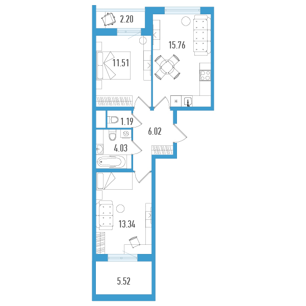 1 комн. квартира, 54.2 м², 2 этаж 