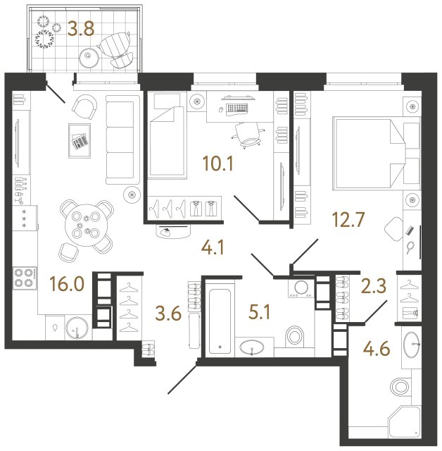 2 комн. квартира, 58.5 м², 3 этаж 