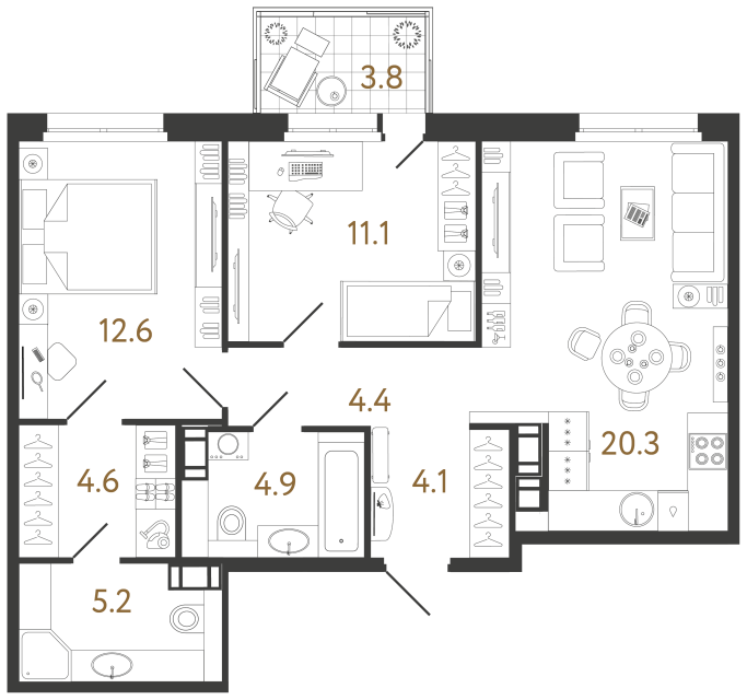 2 комн. квартира, 67.2 м², 3 этаж 