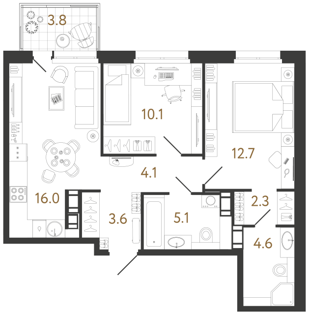 2 комн. квартира, 58.5 м², 6 этаж 