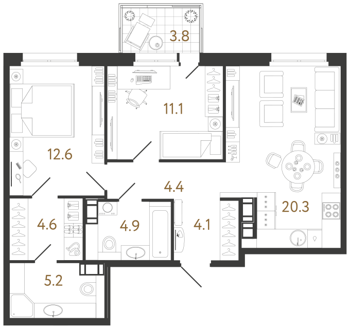2 комн. квартира, 67.2 м², 8 этаж 