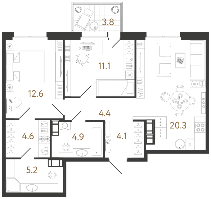 2 комн. квартира, 67.2 м², 9 этаж 