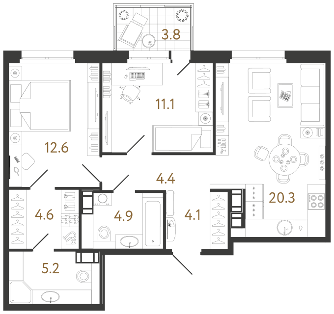 2 комн. квартира, 67.2 м², 12 этаж 