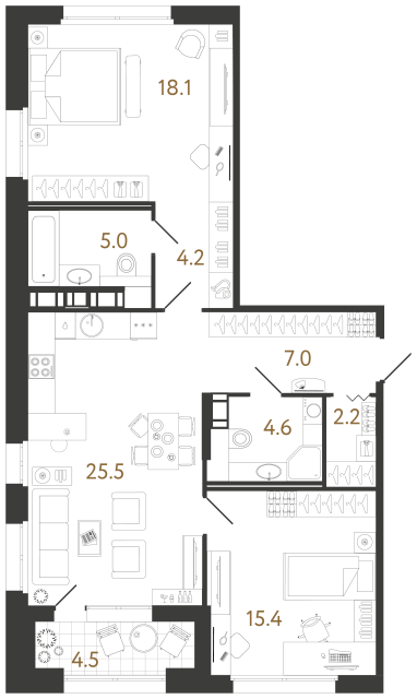 2 комн. квартира, 82 м², 4 этаж 