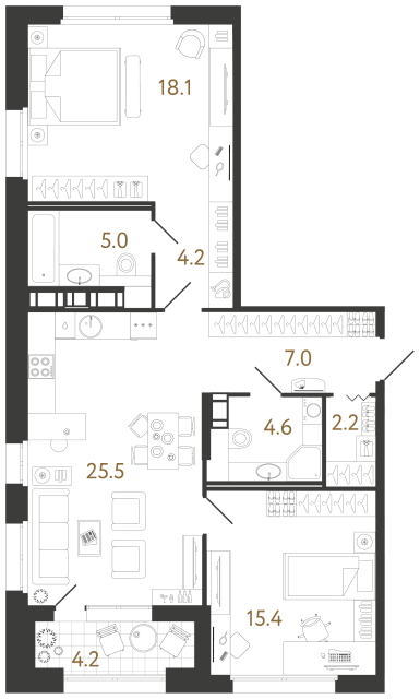 2 комн. квартира, 82 м², 5 этаж 