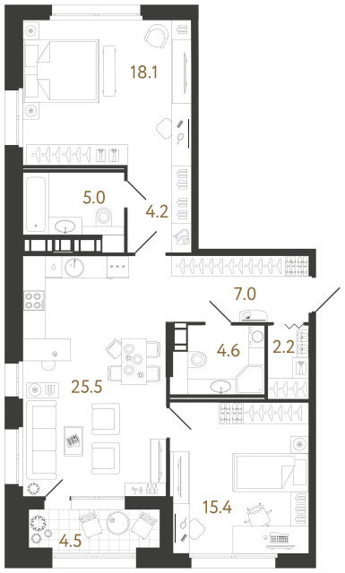 2 комн. квартира, 82 м², 13 этаж 