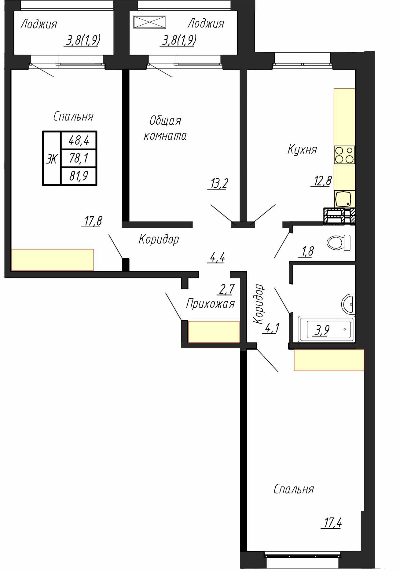 3 комн. квартира, 82 м², 4 этаж 