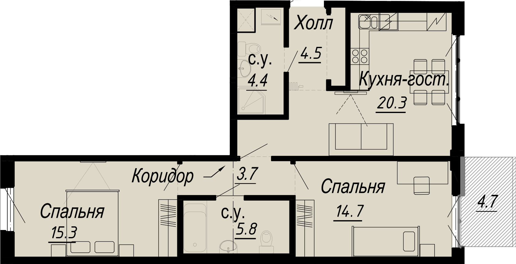 2 комн. квартира, 70.7 м², 4 этаж 