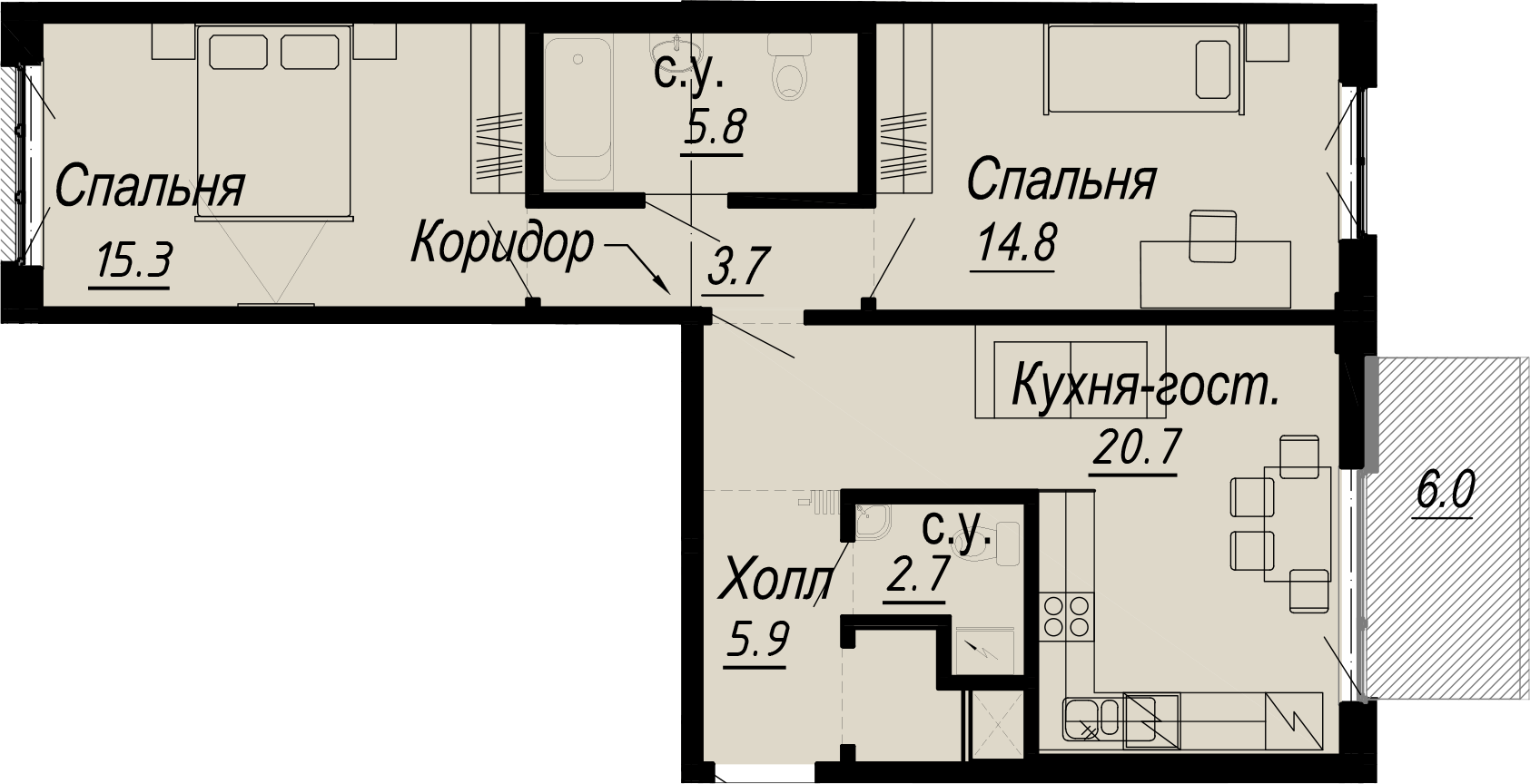 2 комн. квартира, 70.3 м², 4 этаж 