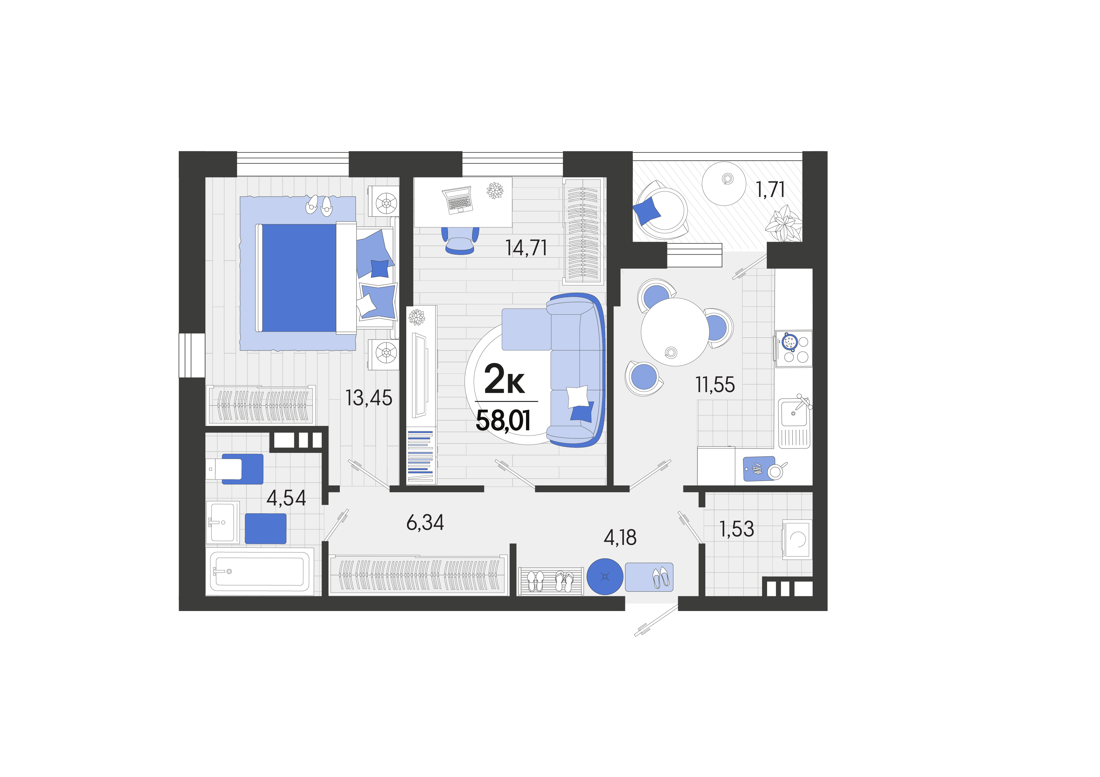 2 комн. квартира, 58 м², 3 этаж 