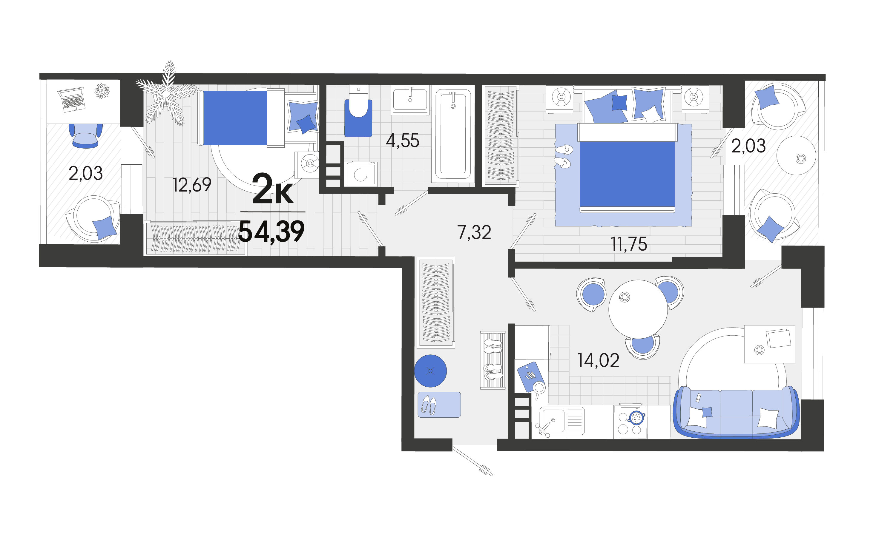 2 комн. квартира, 54.4 м², 3 этаж 