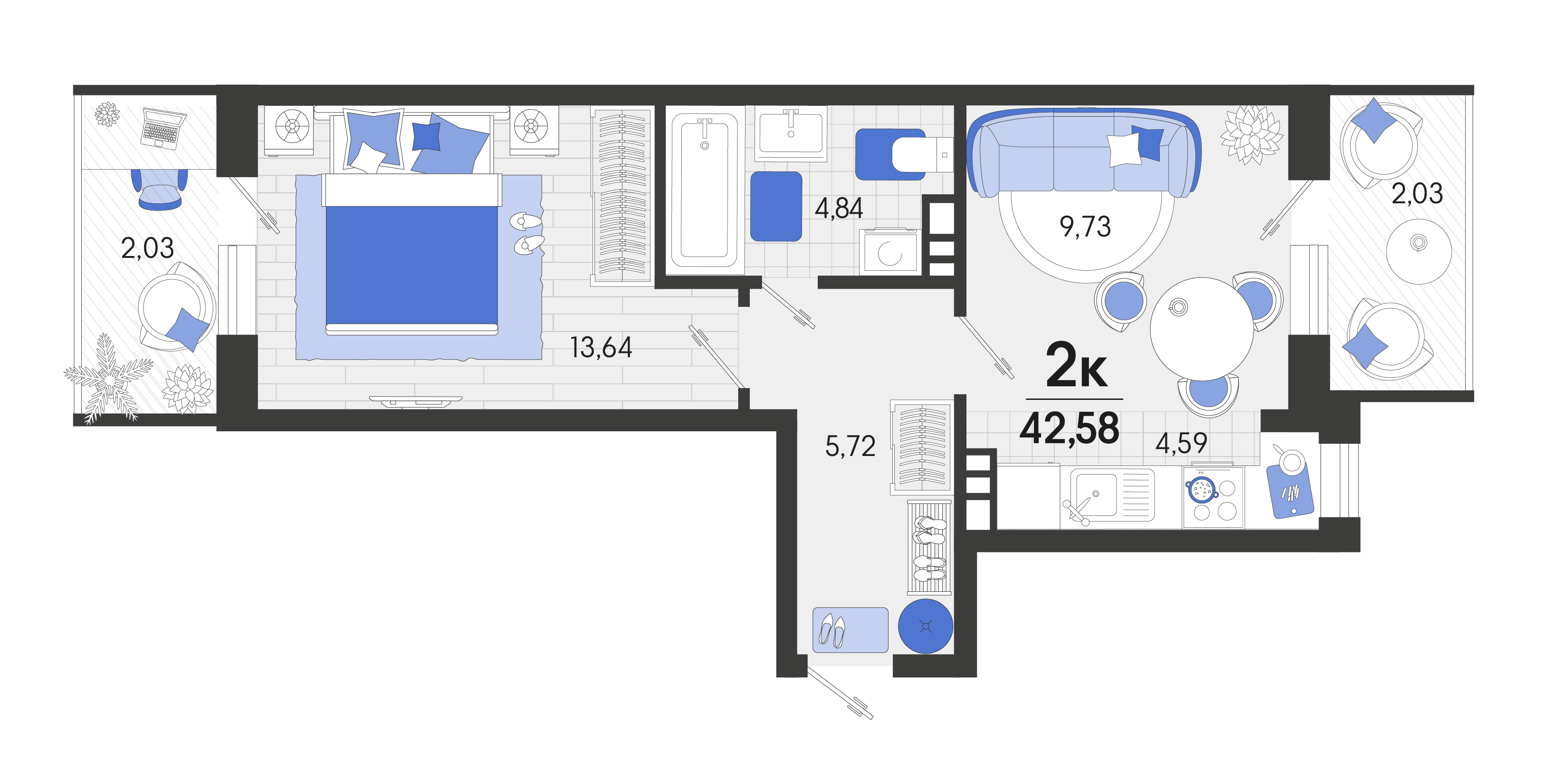 2 комн. квартира, 42.6 м², 4 этаж 