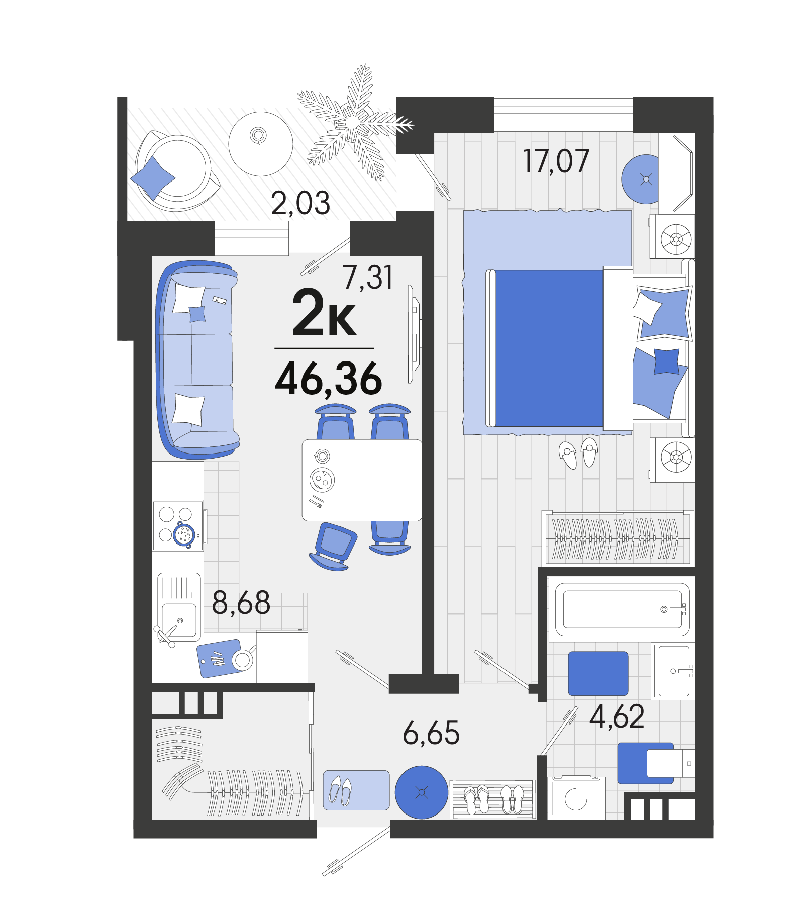 2 комн. квартира, 46.4 м², 7 этаж 