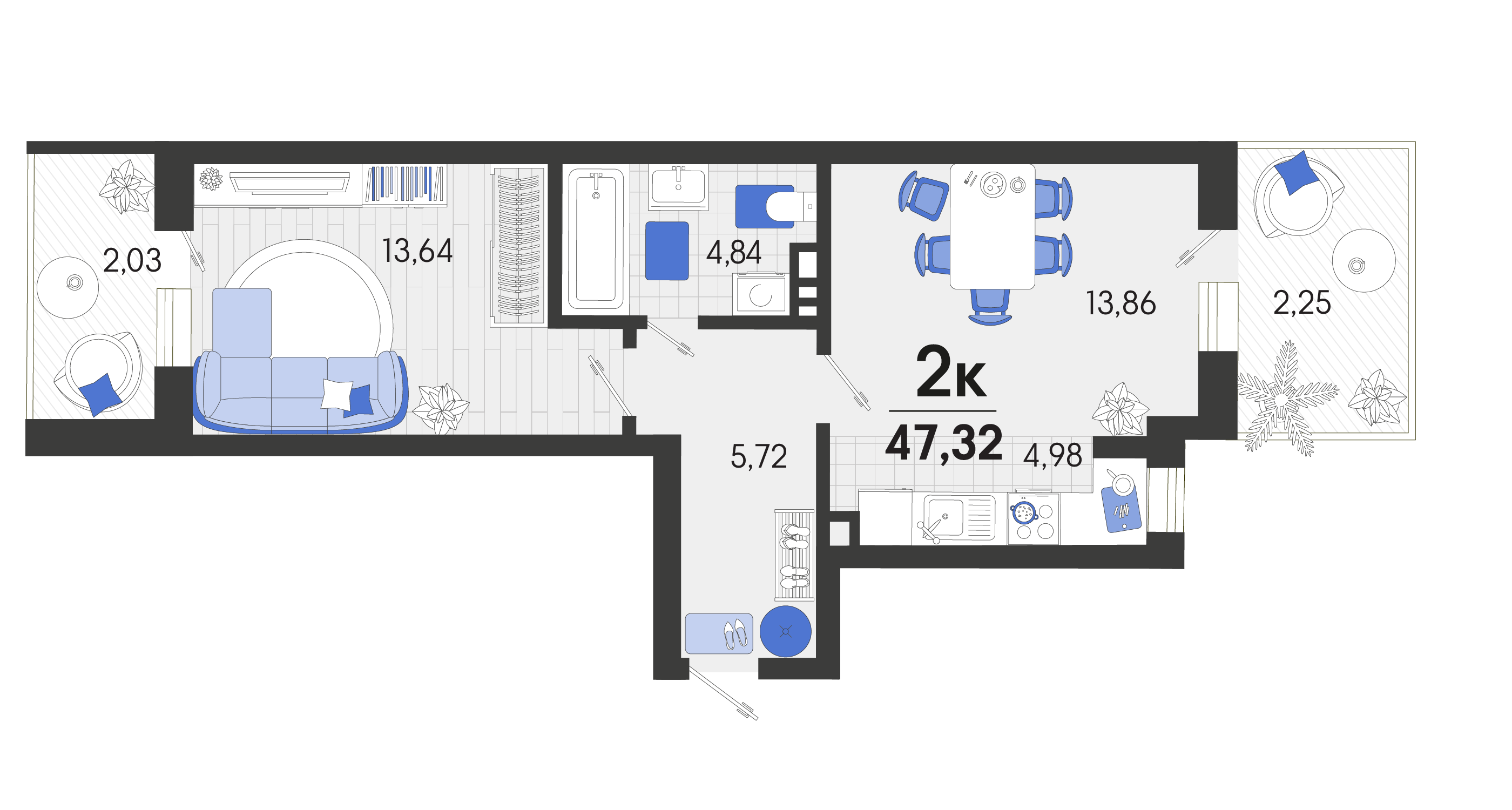 2 комн. квартира, 47.3 м², 1 этаж 