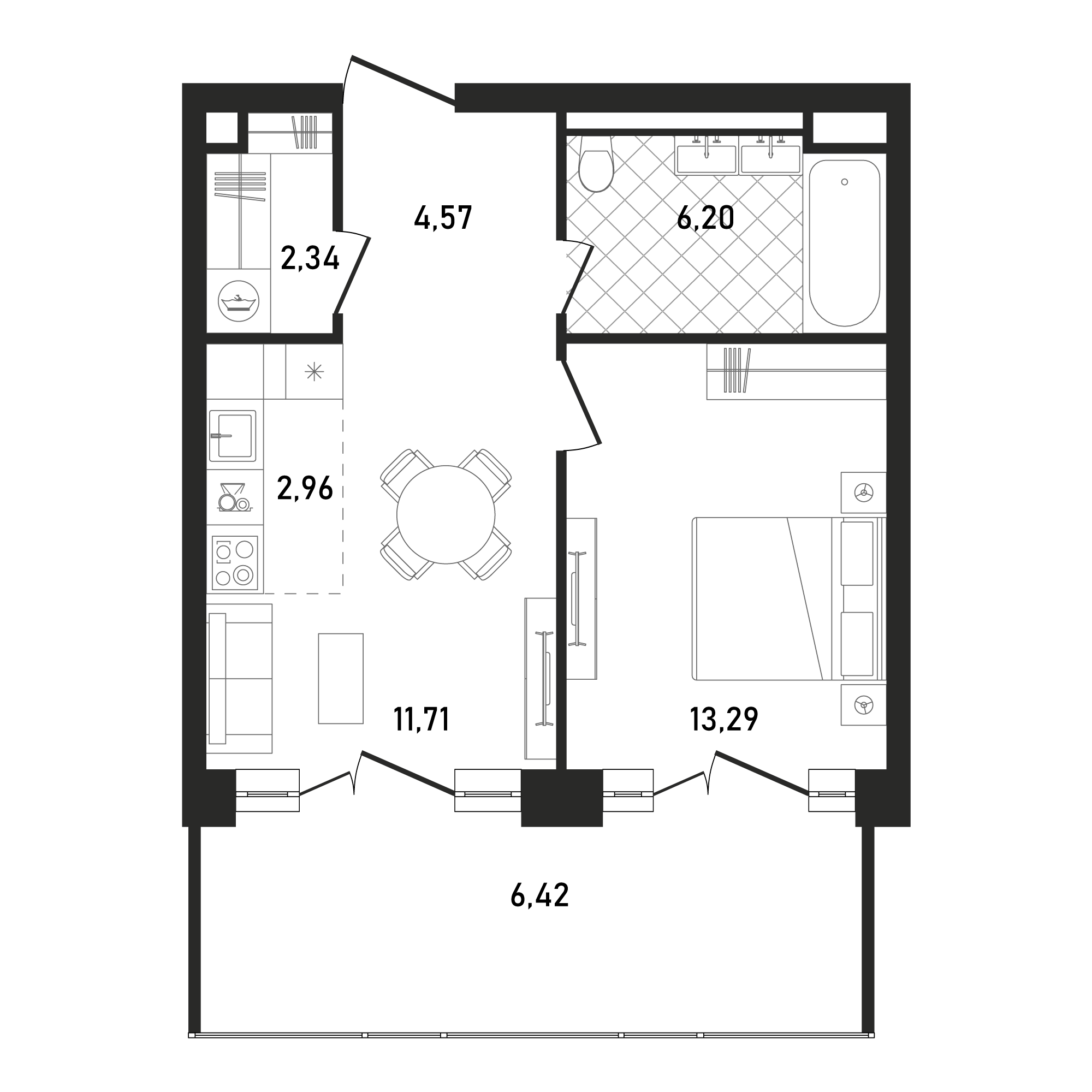 2 комн. квартира, 47.5 м², 21 этаж 