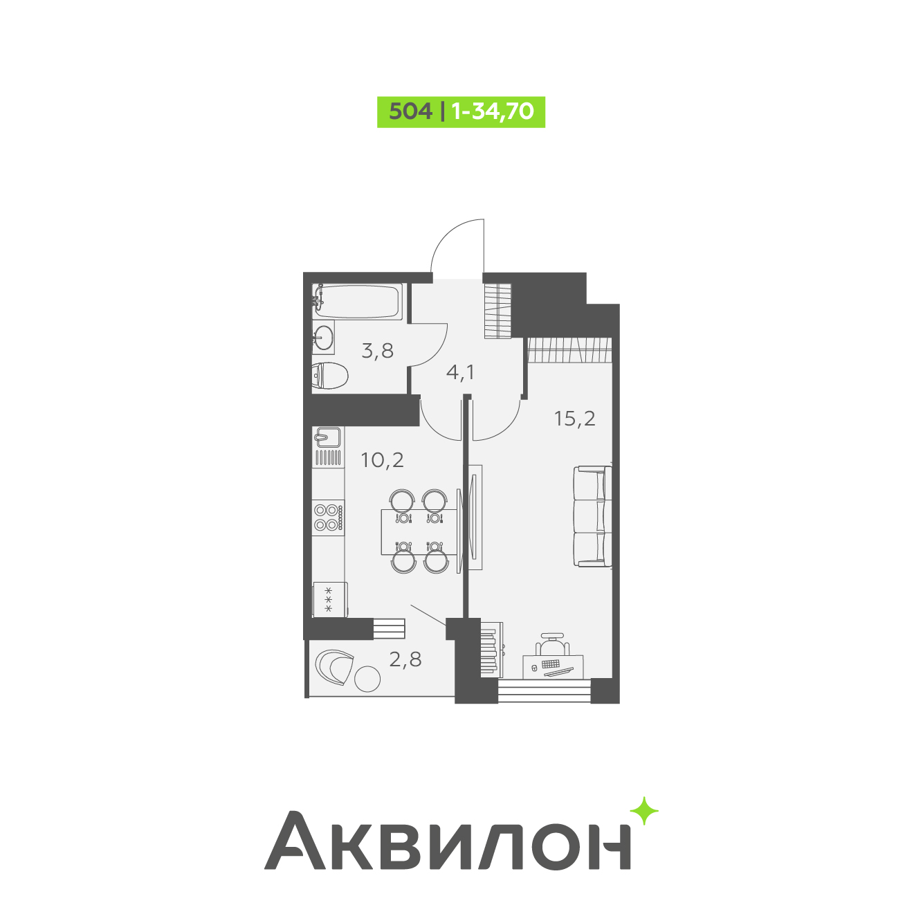 1 комн. квартира, 34.7 м², 24 этаж 