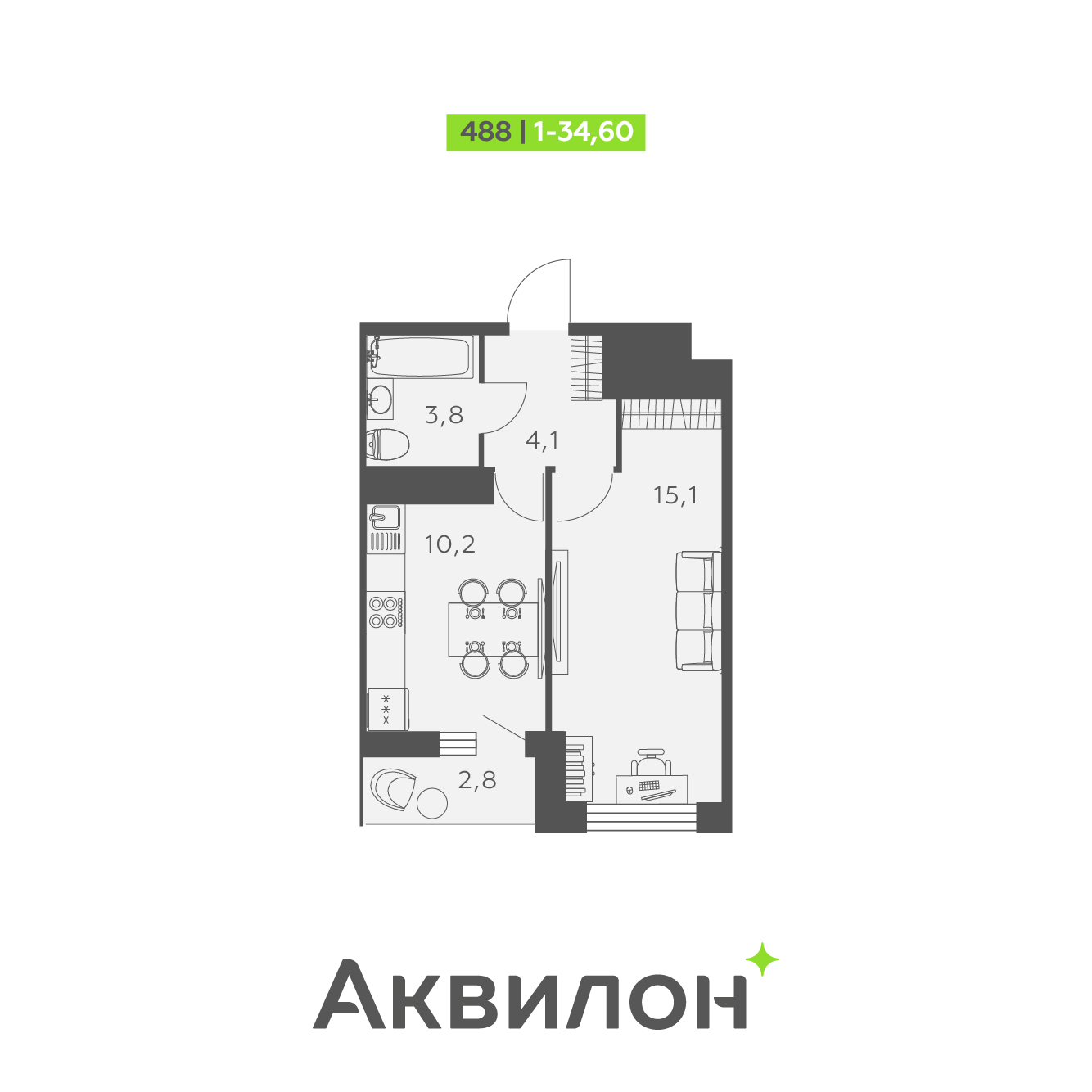 1 комн. квартира, 34.6 м², 23 этаж 