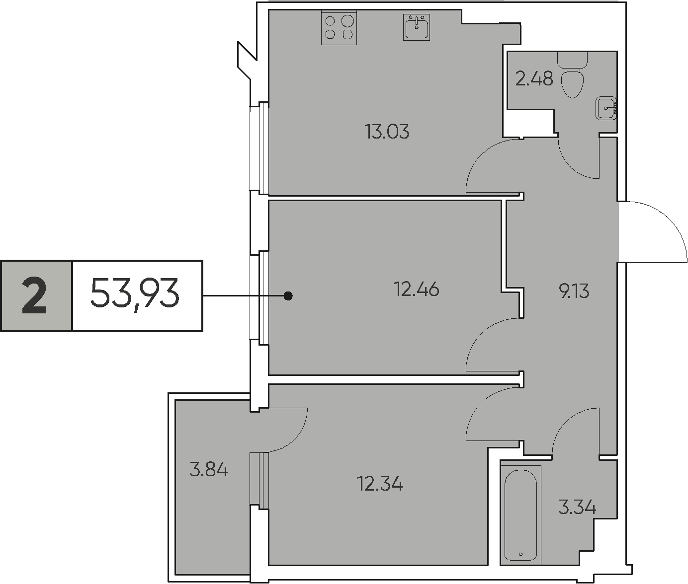2 комн. квартира, 53.8 м², 5 этаж 