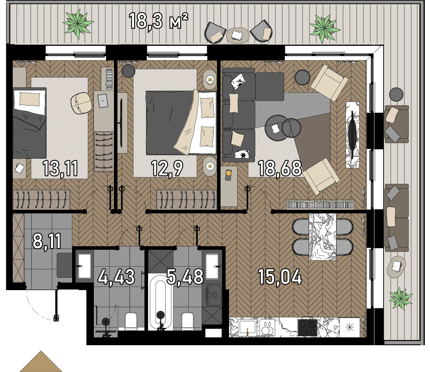 3 комн. квартира, 80.3 м², 2 этаж  (из 23)