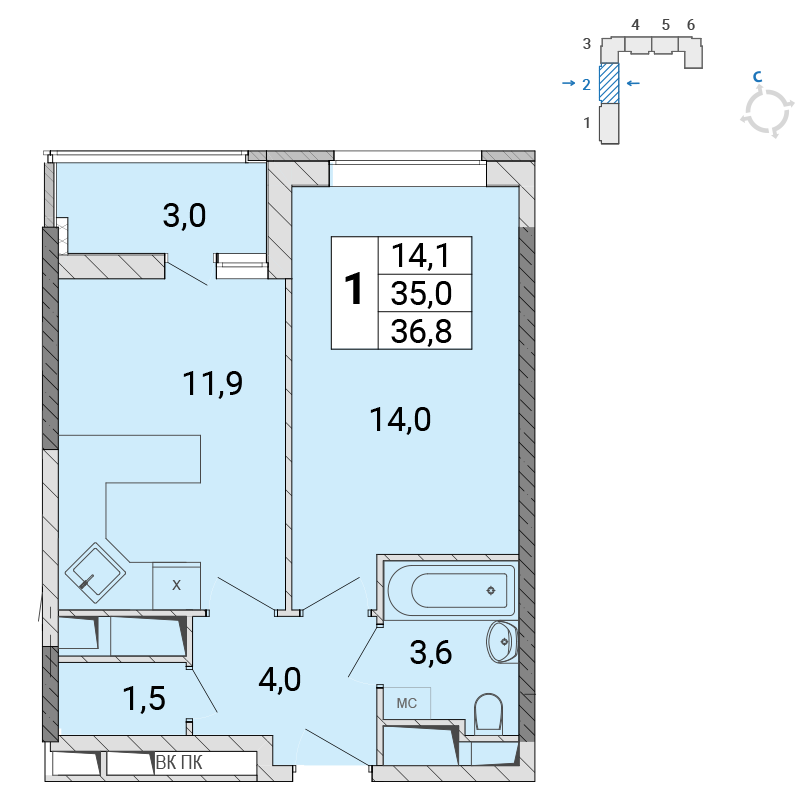 1 комн. квартира, 36.2 м², 11 этаж 