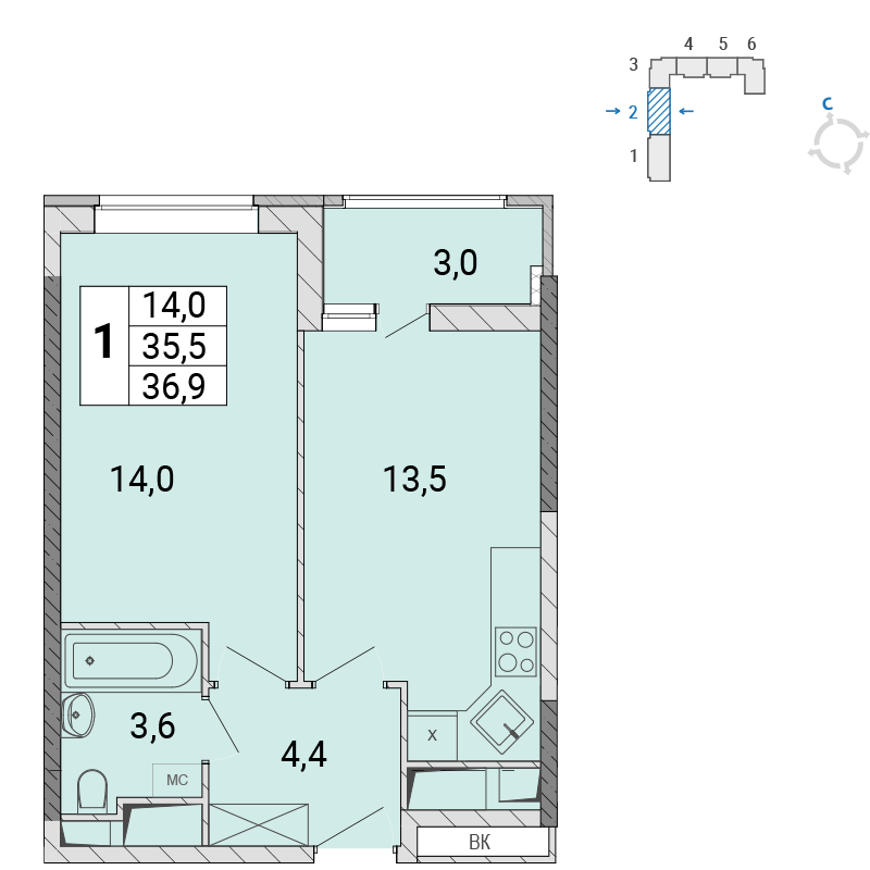 1 комн. квартира, 36.6 м², 11 этаж 