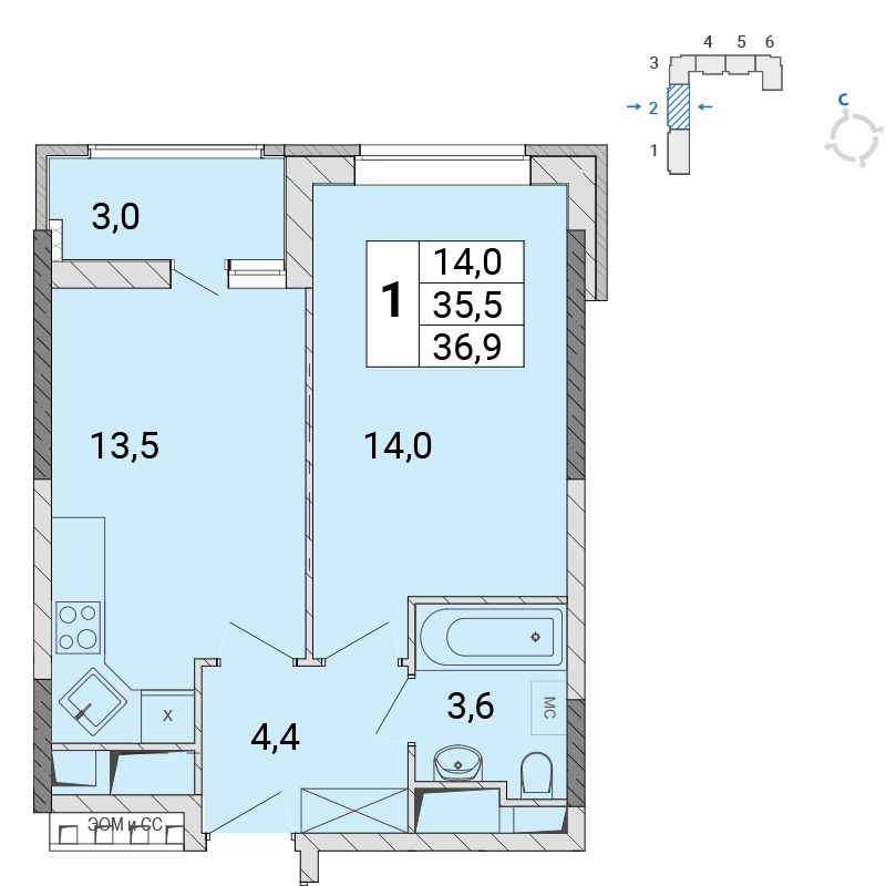 1 комн. квартира, 36.8 м², 11 этаж 