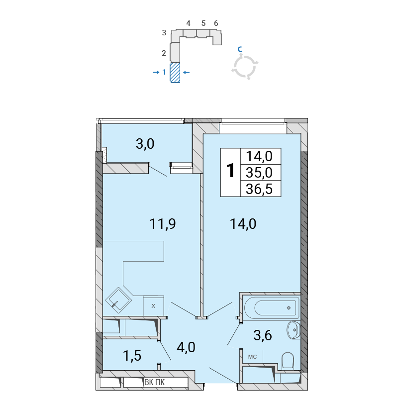 1 комн. квартира, 36.3 м², 2 этаж 