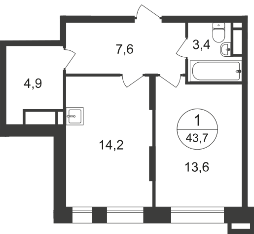 1 комн. квартира, 43.7 м², 14 этаж  (из 21)