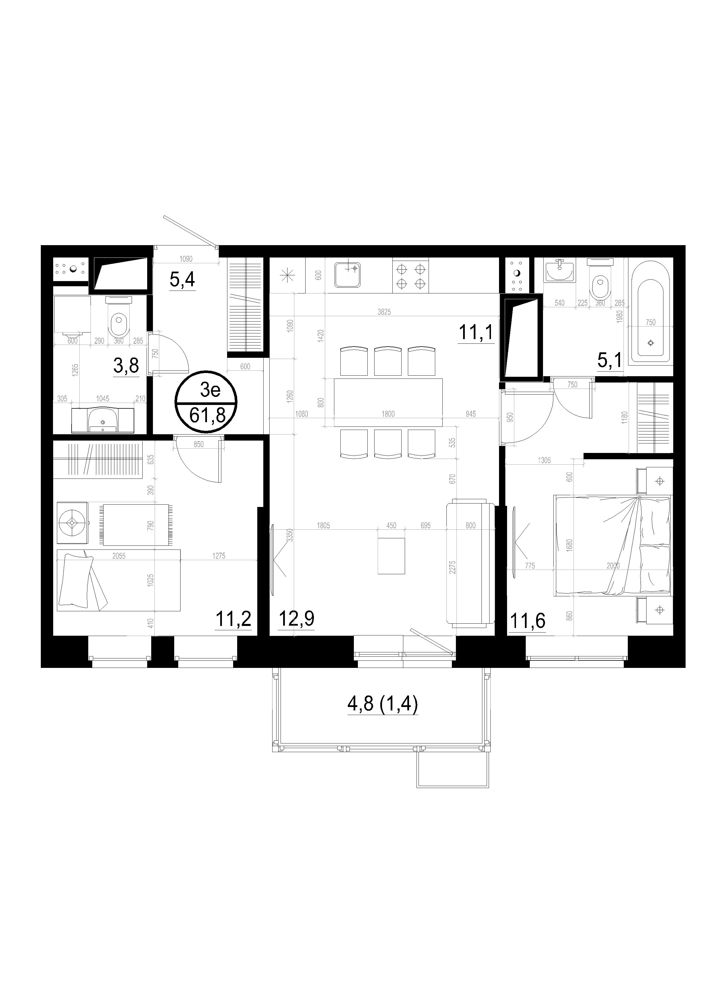 2 комн. квартира, 61.8 м², 3 этаж 