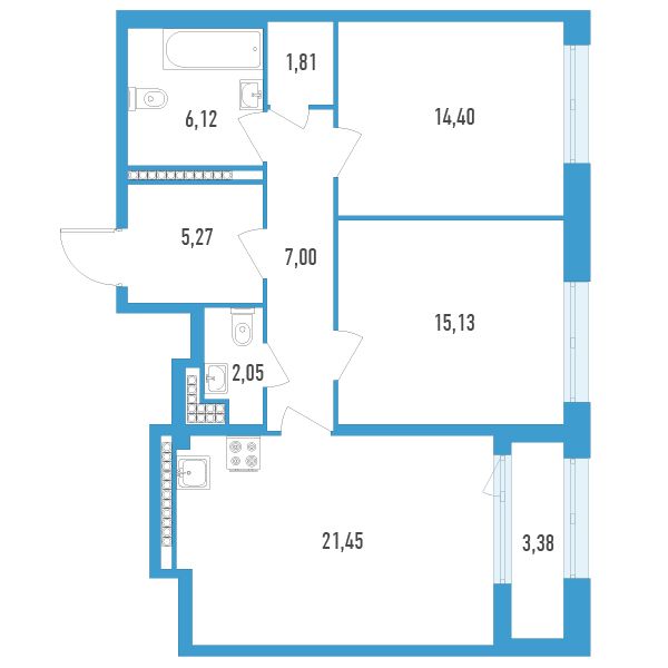 1 комн. квартира, 74.9 м², 14 этаж 
