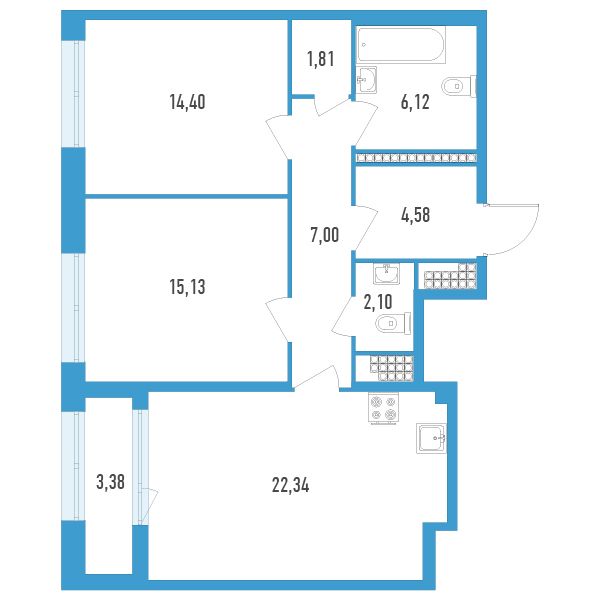 1 комн. квартира, 75.2 м², 17 этаж 