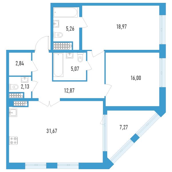 1 комн. квартира, 98.5 м², 14 этаж 