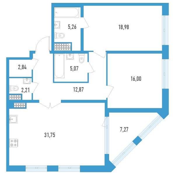 1 комн. квартира, 98.7 м², 13 этаж 