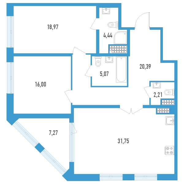 1 комн. квартира, 102.5 м², 13 этаж 