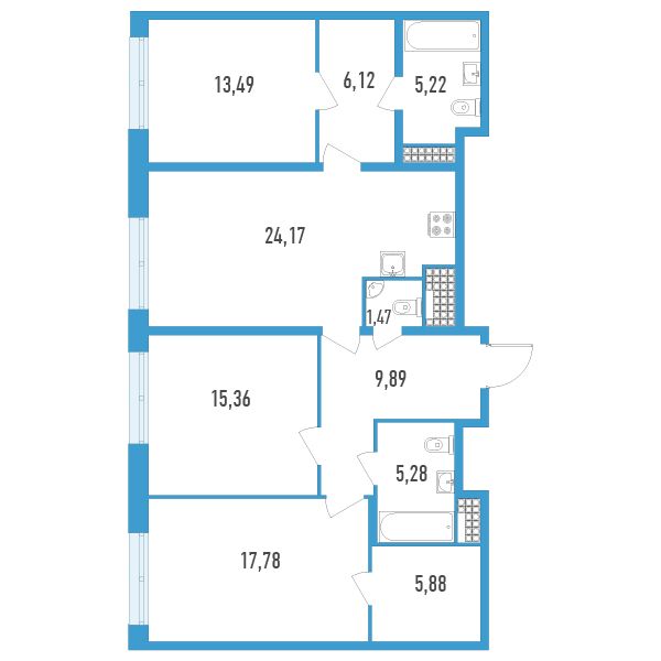 2 комн. квартира, 104.7 м², 17 этаж 