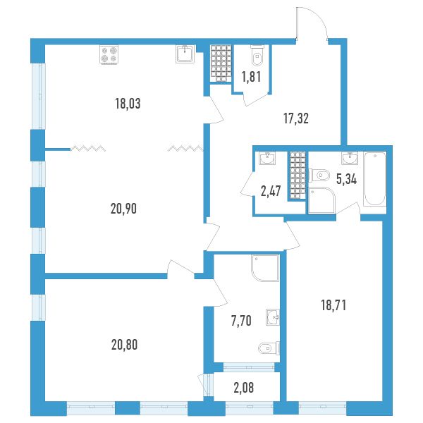 3 комн. квартира, 114.1 м², 16 этаж 