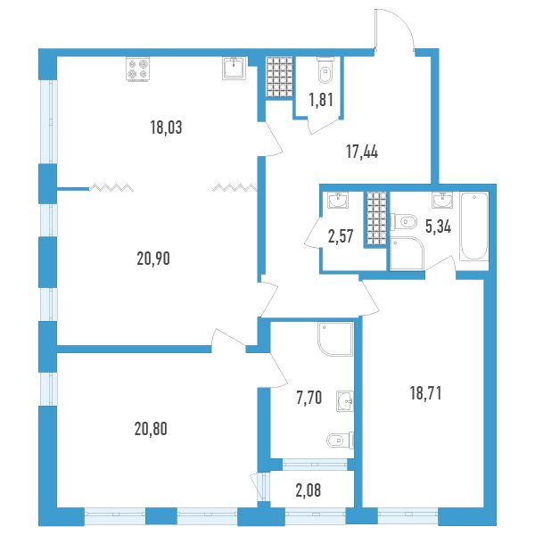 3 комн. квартира, 114.3 м², 15 этаж 