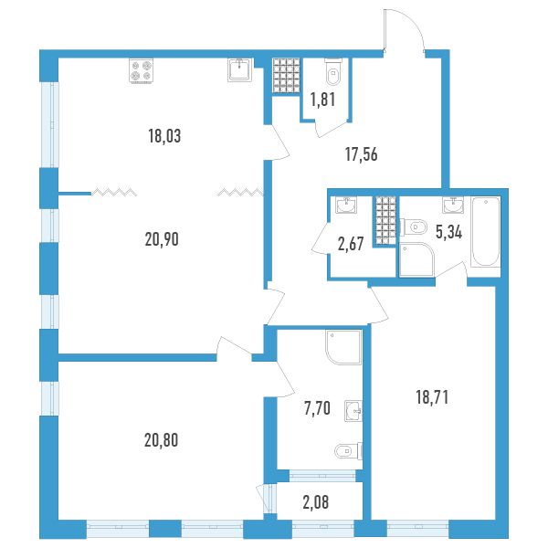 3 комн. квартира, 114.6 м², 13 этаж 
