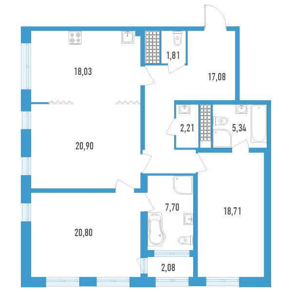 3 комн. квартира, 113.6 м², 18 этаж 